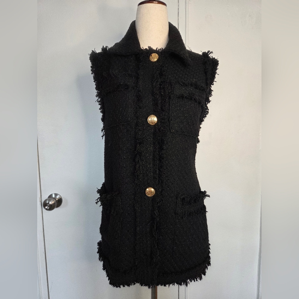 Zara Black Tweed Sleeveless Vest with Gold-Tone Buttons